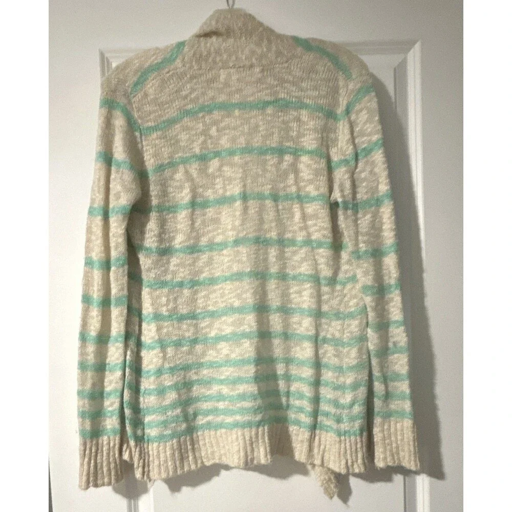 PNK ROSE Women's Beige/Green Striped Open Front Long Sleeve Knit Cardigan M